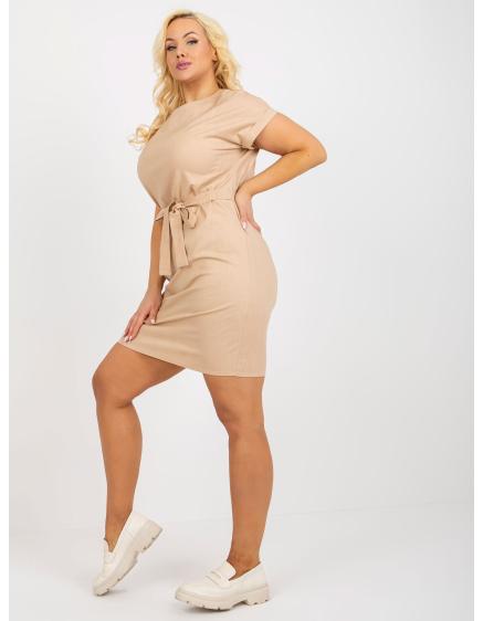 Dámské šaty s krátkými rukávy plátěné plus size EMILIA béžové