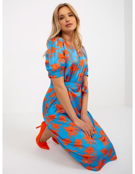 Női midi koktélruha nyakkendővel TILMANA kék és narancssárga
